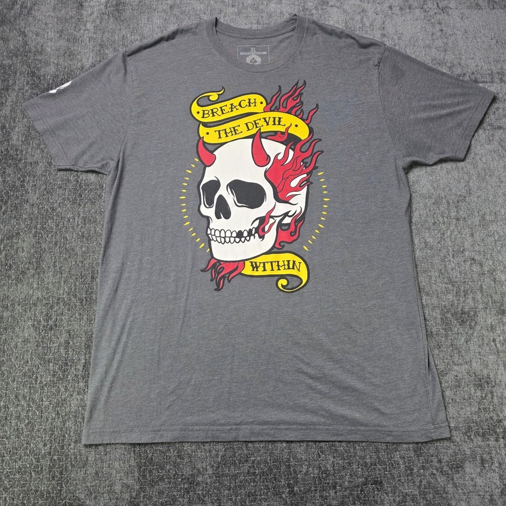 Zero Foxtrot Skull Flames Graphic 'Breach The Devil Within' Gray T-Shirt Mens XL